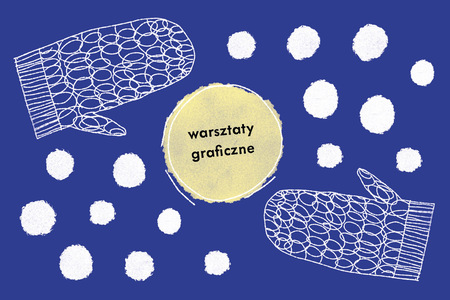 Na granatowym tle w centralnej części okrąg z napisem warsztaty cyrkowe. Dookoła białe kule różnej wielkości. W narożnikach prawym dolnym oraz lewym górnym rysunek jednopalczastej rękawicy.