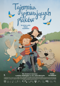 Kolorowy plakat. Rysunkowe postaci: dwójka dzieci jadących na rowerze, obok pies i gęś, w tle pola i błękitne niebo.