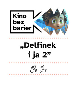 Kolorowa grafika. Logotyp Kina bez barier. Kolorowy kadr z filmu animowanego. Mały chłopiec z burzą włosów jest zdziwony. Unosi dłonie. Jest pod powierzchnią wody. Docierają tam promienie słońca.