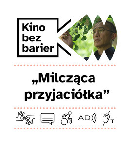 Kolorowa grafika z napisem Kino bez barier. Kolorowy kadr z filmu. Dojrzały mężczyna stoi pod drzewem i dotyka jego liści. Ikony dostępności: PJM, napisy, dostępność dla osób na wózku, audiodeskrypcja, pętla indukcyjna.