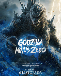 Kolorowa grafika. Potwór Godziila, przypominający gigantycznego smoka skrzyżowanego z gadem. Wokół Godzilli niebieska poświata.