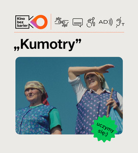 Kolorowa grafika Kina bez barier. Kolorowe zdjęcie. Dwie starsze kobiety patrzą w stronę słońca. Słońce je oślepia. Ubrane są w niebieskie fartuszki. W tle bezchmurne niebo. Nad nimi ikony: napisy, pętla indukcyjna, AD, PJM.