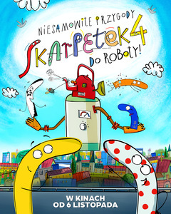 Kolorowy plakat filmu animowanego. Rysunek robota w kształcie walca z czajnikiem na głowie, który wypluwa skarpetki. Dwie skarpetki patrzą na niego z oddali.