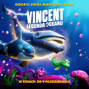 Kolorowy plakat rysunkowy. Głębie oceany. Dwa błękitne wieloryby i niewielka, zielona rybka płyną razem. Wokół nich morskie rośliny.