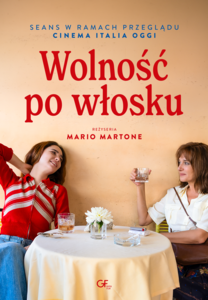 Kolorowy plakat. Dwie kobiety siedzą przy stoliku i piją kawę.