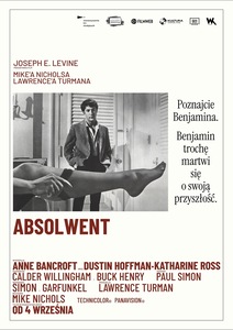 Plakat filmu „Absolwent”. Czarno-białe zdjęcie młodego mężczyzny i kobiecej nogi. Tekst: „Poznajcie Benjamina. Benjamin trochę martwi się o swoją przyszłość”.