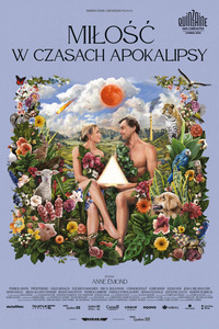 Na plakacie para w rajskim ogrodzie. Oboje patrzą na siebie z czułością. Wokół nich mnóstwo kwiatów.