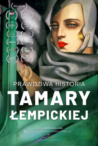 Plakat filmu dokumentalnego &amp;quot;Prawdziwa historia Tamary Łempickiej&amp;quot;. Plakat przedstawia autoportret malarki w zielonym samochodzie.