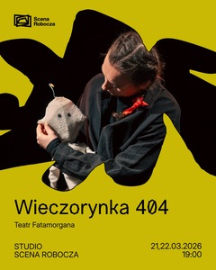 Żółta grafika promująca spektakl Wieczorynka 404 Teatru Fatamorgana