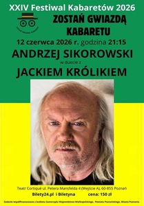 Afisz koncertu Andrzeja Sikorowskiego przedstawiający zdjęcie artysty i teksty informujące o wydarzeniu