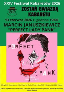 Artystyczne graficzne przedstawienie twarzy aktora występującego w koncercie, w technice kolażu, na różowym tle. Napis z tytułem koncertu.