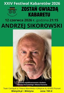 Afisz koncertu Andrzeja Sikorowskiego przedstawiający zdjęcie artysty i teksty informujące o wydarzeniu