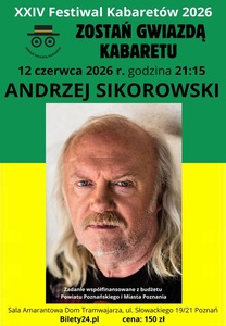 Afisz koncertu Andrzeja Sikorowskiego przedstawiający zdjęcie artysty i teksty informujące o wydarzeniu