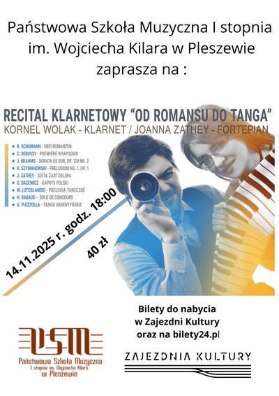 Plakat recitalu „Od romansu do tanga” w PSM w Pleszewie. Kornel Wolak (klarnet) i Joanna Zathey (fortepian). Data: 14.11.2025, godz. 18:00, bilety 40 zł. Program od Schumanna po Piazzollę.