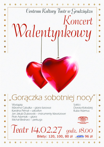 Tytuł koncert Walentynkowy Pod nim znajdują się dwa wiszące serca