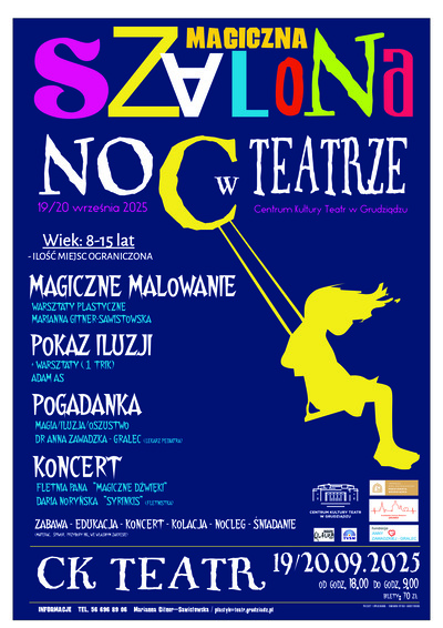 Postać dziewczynki na huśtawce wraz z programem wydarzenia. Tytuł SZALONA NOC W TEATRZE jest napisany kolorową czcionką.