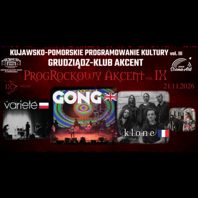 Na afiszu znajdują się cztery zdjęcia zespołów, które wystapią podczas wydarzenia. U góry umiejscowiony jest napis KUJAWSKO-POMORSKIE PROGRAMOWANIE KULTURY, a tuż pod nim napis PROGROCKOWY AKCENT