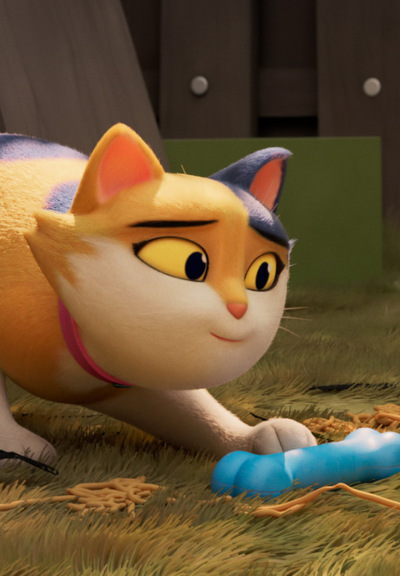 Animowany kot bawiący się gumową zabawką.