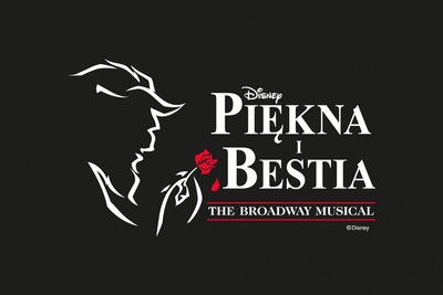 Czarna grafika z białym tytułem spektaklu. Po jego lewej stronie kontur tytułowej Bestii, trzymającej w łapie przekwitającą czerwoną różę.
