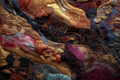 Grafika abstrakcyjna. Obraz złożony z wielu kawałków materiałów o różnych kolorach i wzorach. Widać naszycia, zdobienia i różne tkaniny w odcieniach złota, czerwieni, granatu i czerni, ułożone warstwami.