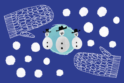 Na granatowym tle w centralnej części błękitne koło z rysunkiem trzech bałwanów. Jeden większy i dwa mniejsze. Dookoła białe kulki różnej wielkości. W lewym górnym oraz prawym dolnym narożniku rysunek jednopalczastej rękawicy.