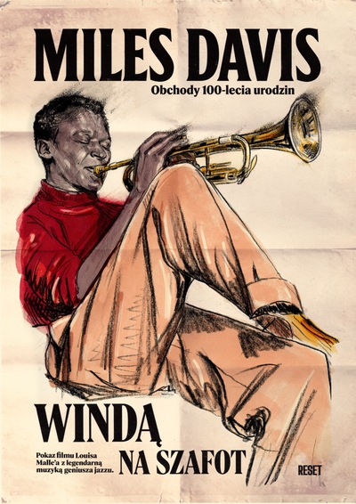 Kolorowy plakat. Rysunek mężczyzny grającego z pasją na trąbce. Oczy ma zamknięte, jest poświęcony muzyce.