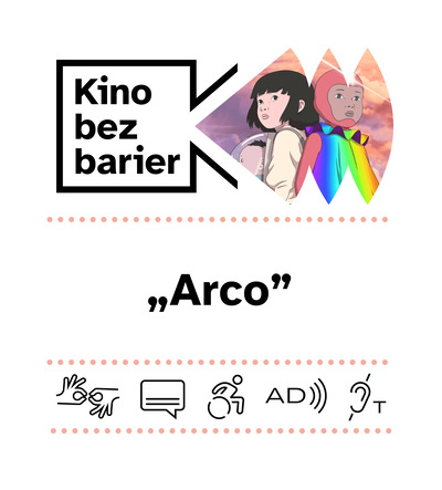 Kolorowa grafika z napisem Kino bez barier. Kolorowy kadr z filmu. Dwoje dzieci opiera się o siebie plecami. Ikony dostępności: PJM, napisy, dostępność dla osób na wózku, audiodeskrypcja, pętla indukcyjna.