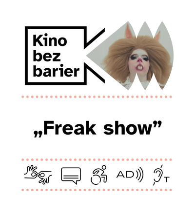 Kolorowa grafika z napisem Kino bez barier. Kolorowy kadr z filmu. Osoba w ogromnej peruce mocnym makijażu patrzy w kamerę. Ikony dostępności: PJM, napisy, dostępność dla osób na wózku, audiodeskrypcja, pętla indukcyjna.