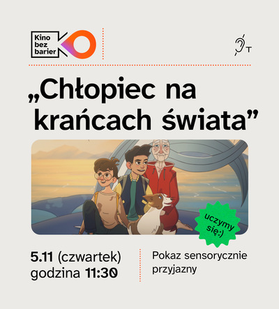 Kolorowa grafika Kina bez barier. Kolorowy kadr z filmu animowanego. Dwóch chłopców, starszy mężczyzna i pies siedzą na wielorybie. Uśmiechają się.