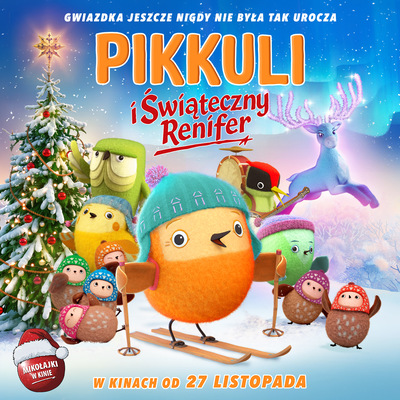 Kolorowy plakat filmu animowanego. Pomarańczowy ptaszek na nartach stoi na szczycie góry. Wokół niego inne ptaszki w zimowych strojach i świecący renifer. W tle choinka.