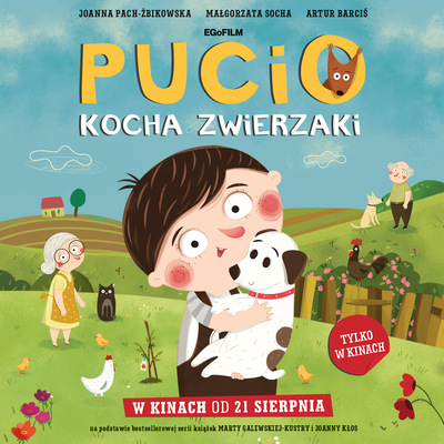Kolorowy plakat. Rysunkowy plakat. Pucio, chłopiec z czerwonymi wypiekami przytula pieska. W tle farma i łąka, na niej gąski, kogut. kwiatki.