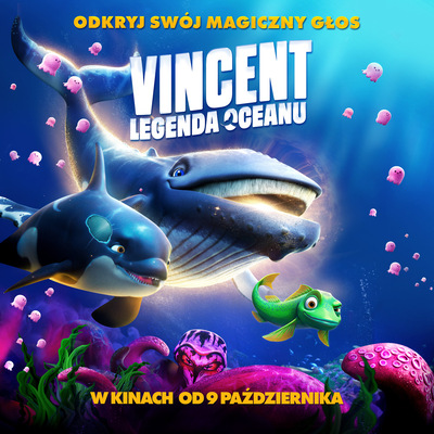 Kolorowy plakat rysunkowy. Głębie oceany. Dwa błękitne wieloryby i niewielka, zielona rybka płyną razem. Wokół nich morskie rośliny.