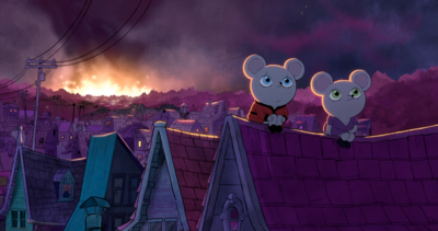 Kadr z filmu animowanego. Dwie myszy siedzą na dachu.