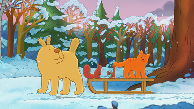 Kadr z filmu animowanego kot siedzi na sankach, a pies mu się przygląda
