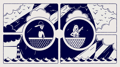 Kadr z filmu. Grafika przedstawiająca morze i dwa okręgi, w których widać psa i człowieka, który coś wypatruje.