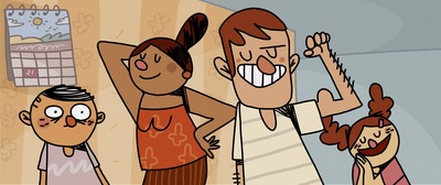 Kadr z filmu animowanego. Cztery postacie: dwoje dorosłych i dwoje dzieci. W tle widać kalendarz.