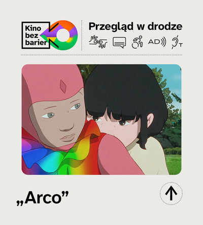 Plakat przedstawia trzy postacie na tle nieba: robota, chłopca w tęczowej pelerynie i dziewczynkę.