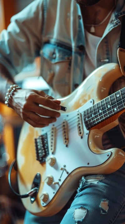 Zbliżenie na muzyka grającego na gitarze elektrycznej typu Stratocaster. Prawa ręka trzyma czarną kostkę nad strunami. Gitara jest podłączona kablem.