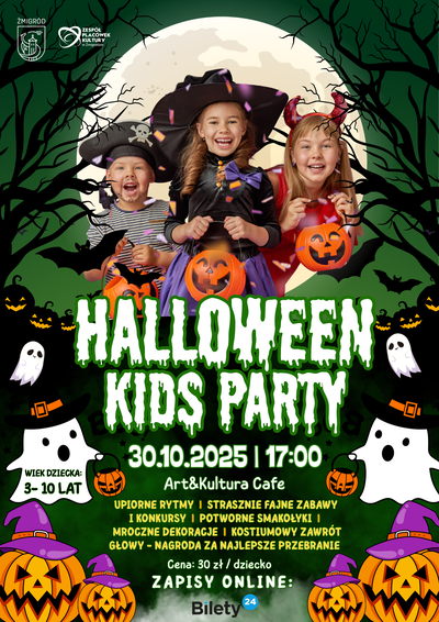 Plakat informujący o zabawie halloweenowej dla dzieci
