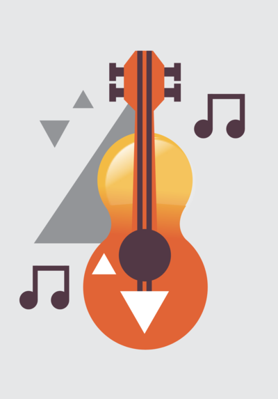Grafika wektorowa przedstawiająca gitarę w odcieniach pomarańczu i żółci z ciemnymi strunami. Wokół instrumentu widoczne są geometryczne kształty – trójkąty oraz nuty muzyczne w kolorze ciemnofioletowym. Tło jasnoszare.